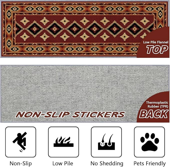 Burgundy Diamond Runner Rug, 4x12ft Hallway Runner Rugs - Corridor & Foyer Area Rugs, Non-Slip Mat Durable Rug, Washable Flannel Material, Southwestern Geometric Home Decor Carpet