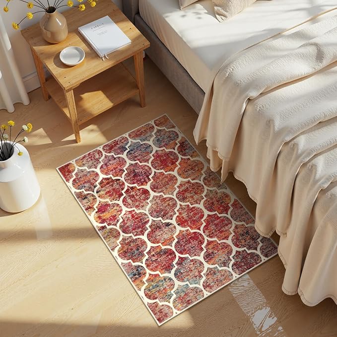 Lahome Moroccan Kitchen Rugs -2x3 Washable Rug Small Indoor Door Mat Throw Rug Non-Slip Indoor Door Mats for Entryway,Christmas Red Colorful Rugs for Bedroom（2x3, California Sunset