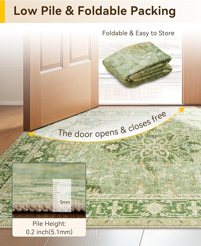 Area Rugs 2'x8' Washable Non-Slip, Floral Vintage Distress Print Pattern Medallion Carpet for Living Room Bedroom Dining Room, Sage Green Yellow