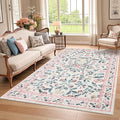 GarveeHome Washable Rug 6 x 9, Low Pile Farmhouse Floral Rug, Non-Shedding Indoor Foldable Printed Carpet Non-Slip Soft Vintage Throw for Bedroom Dining Room Kitchen, Pink
