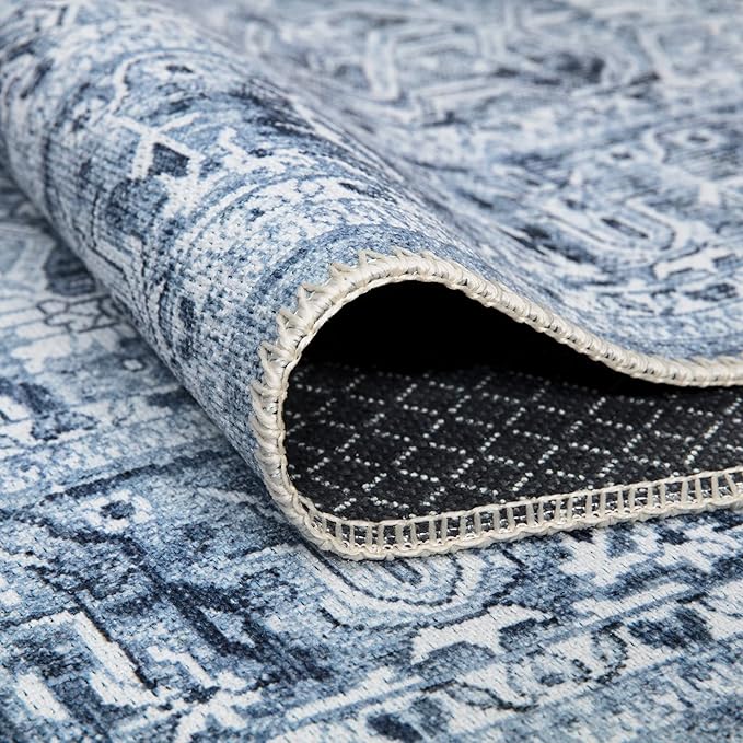 Bloom Rugs Washable Non-Slip 2' x 3' Rug - Ivory/Denim Blue Traditional Medallion Area Rug for Living Room, Bedroom, Dining Room, and Kitchen - Exact Size: 2' x 3'