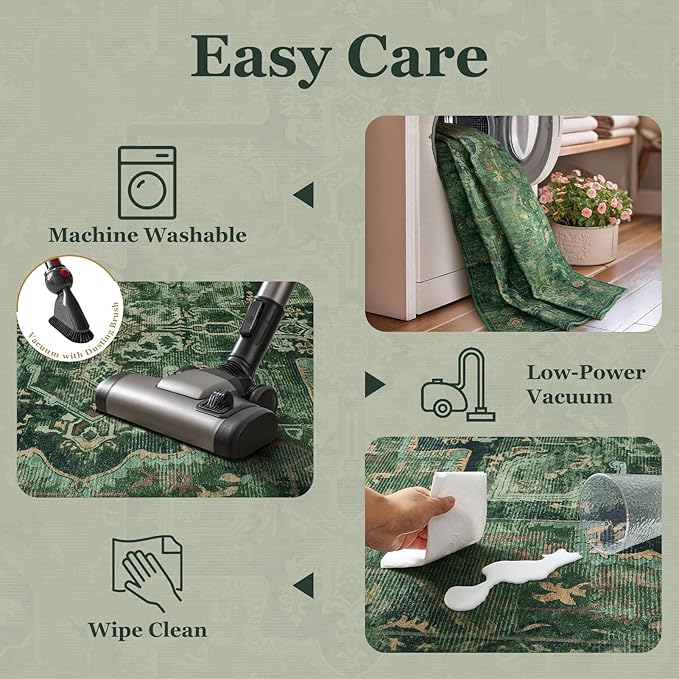 Retro Green Area Rug 7x9 for Living Room, Distressed Medallion Dining Room Rug Under Table, Washable Non Slip Thin Carpet Rugs for Bedroom Under Bed Home Office