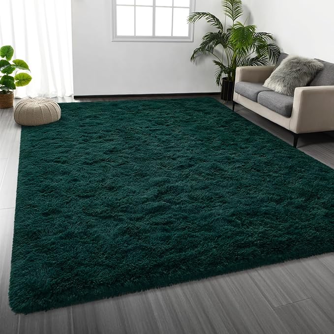 Large Shag Area Rugs 6 x 9, Plush Fuzzy Rugs for Living Room, Ultra Soft Fluffy Furry Rug for Bedroom, Indoor Carpet Nursery Rugs for Kids Room Home Decor, Dark Green