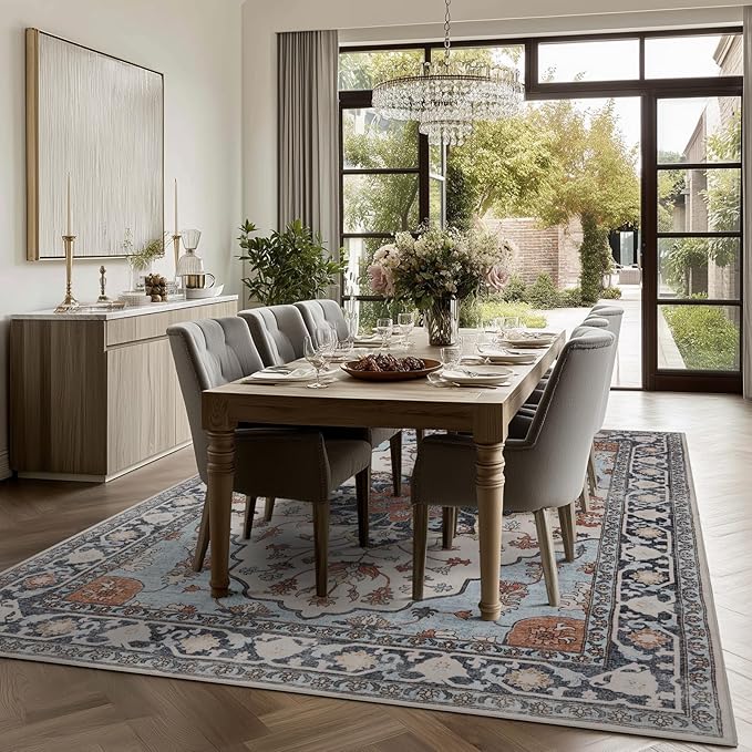 Washable Rugs 5x7 Area Rugs for Living Room, Thin Carpet for Bedroom, Soft Faux Wool Retro Dining Room Rug，Non Slip&Non-Shedding Resistant Low Pile Vintage Print Rug for Home Office (Blue/Gray)