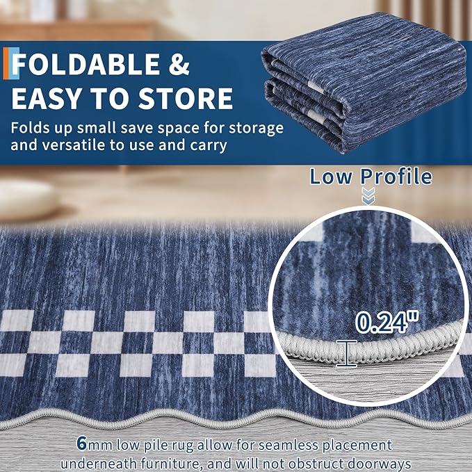 GarveeHome 4x6 Area Rug Small Washable Living Room Rug Scalloped Rug with Rubber Backing Stain Resistant Low Pile Dining Room Throw Carpet Modern Bordered Mat for Bedroom Kitchen, Blue
