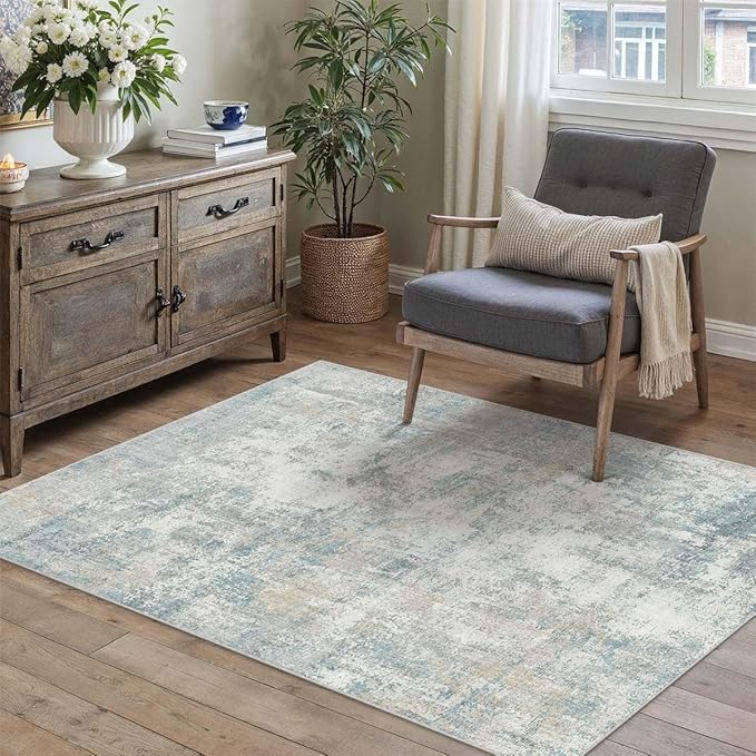 4x5 Washable Area Rug Blue Cream Abstract Entryway Office Throw Rug Neutral Modern Non Slip Soft Low Pile Lightweight Carpet for Kitchen Living Room Bedroom Entrance