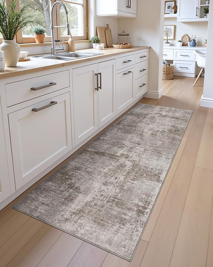DEXI Hallway Runner Rug 3x12, Modern Abstract Non Slip Thin Soft Runners Carpet, Stain Resistant Washable Indoor Rug for Hallway Entryway Kitchen Laundry Room Living Room, Red Brown