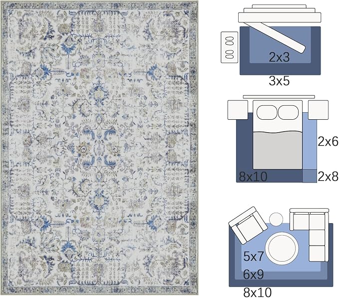 jinchan Kalen Runner Rug 2x10 Washable Area Rug Soft Vintage Hallway Indoor Floor Stair Runner Thin Retro Distressed Carpet Blue Floral Country Non Slip Bathroom Kitchen Bedroom Living Room Stairway