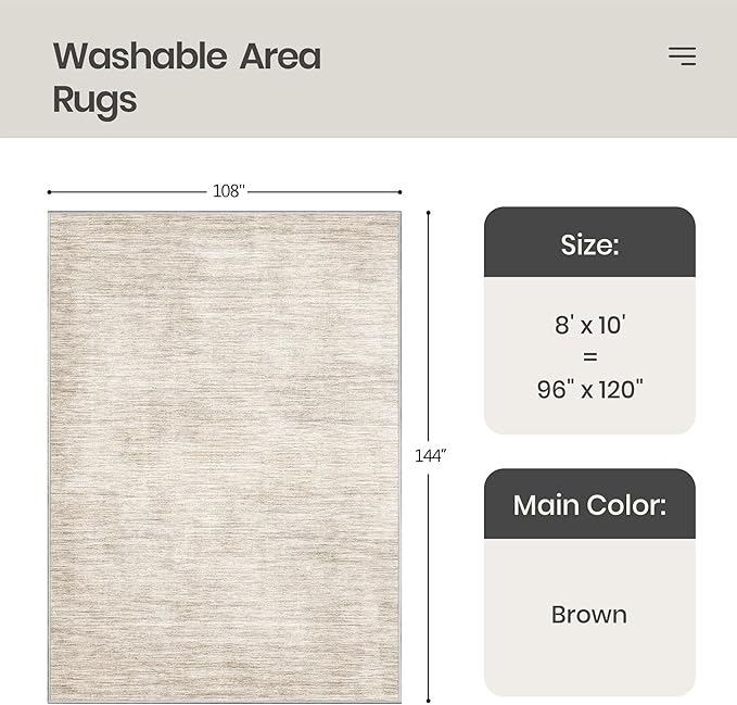 Valenrug Washable Rugs 8x10 - Non Slip 8x10 Area Rugs for Living Room, Stain Resistant Area Rugs for Bedroom, Foldable Machine Washable Area Rug(8'x10', Brown)