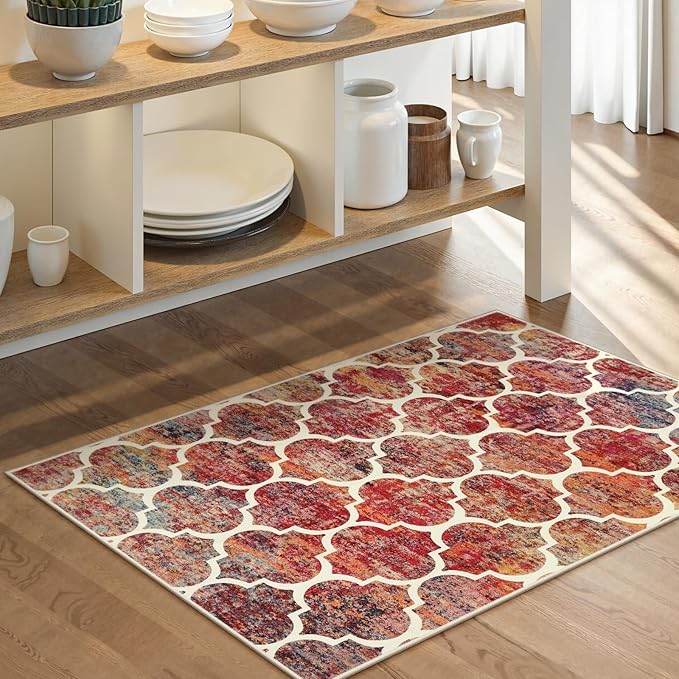 Lahome Moroccan Kitchen Rugs -2x3 Washable Rug Small Indoor Door Mat Throw Rug Non-Slip Indoor Door Mats for Entryway,Christmas Red Colorful Rugs for Bedroom（2x3, California Sunset