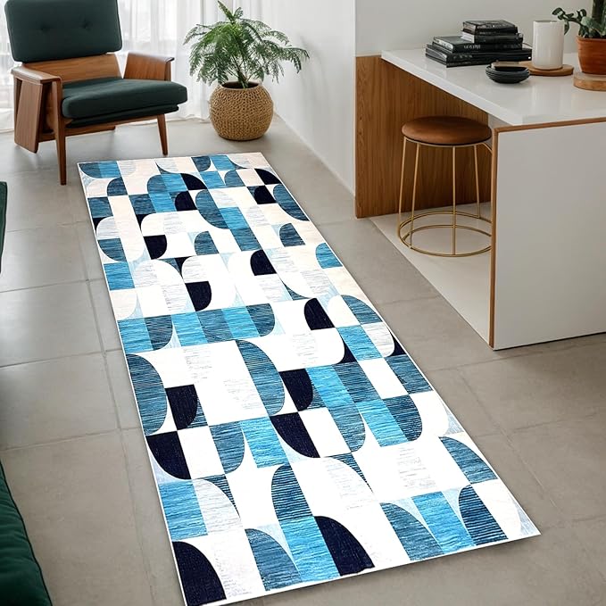 2x6 Runner Rug Washable, Modern Abstract Area Rugs for Hallways Kitchen Bathroom Bedroom Entryway, Non Slip Carpet Long Mat Indoor, Boho Soft Ultra-Thin Navy Blue