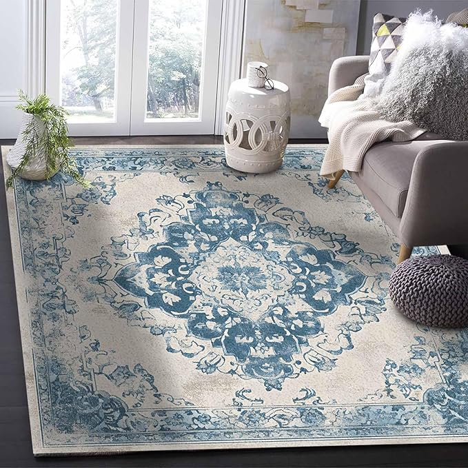 Blue Bohemian Rectangular Area Rugs for Living Room Bedroom 2.8 x 5 ft Vintage Farmhouse Floral Pattern Non-Shedding Soft Low Pile Rug Non Slip Washable Rug for Nursery Entryway Playroom