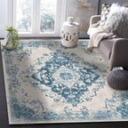 Blue Bohemian Rectangular Area Rugs for Living Room Bedroom 3 x 5 ft Vintage Farmhouse Floral Pattern Non-Shedding Soft Low Pile Rug Non Slip Washable Rug for Nursery Entryway Playroom