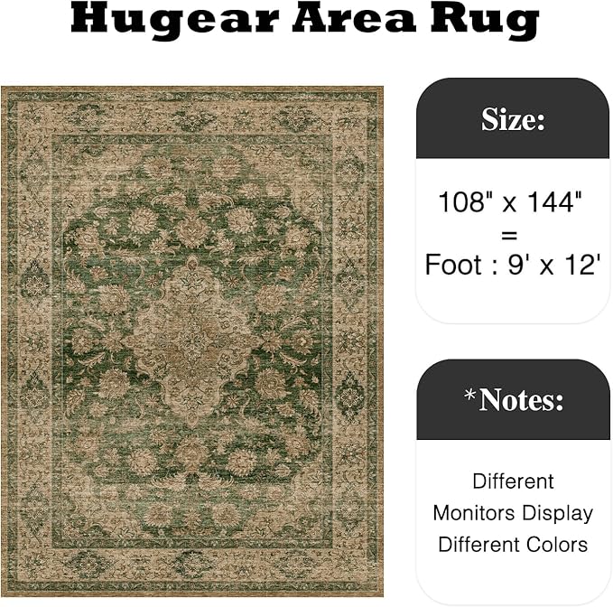 HUGEAR Retro Green Area Rug 9x12 Machine Washable Living Room Rugs Distressed Vintage Floral Low Pile Carpet Bedroom Office Dining Room Laundry Room Non Slip Soft Lightweight