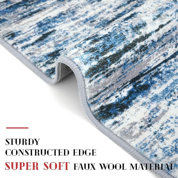 Modern Abstract Runner Rug 2.6x10, Grey Blue White Washable Long Kitchen Runner Non-Slip Soft Hallway Rug Runner Thin Print Faux Wool Carpet for Entryway Bedroom Laundry Room Indoor Home Decor
