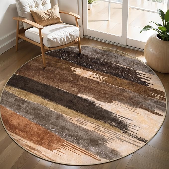 Ciicool 4ft Round Washable Rug, Modern Abstract Circle Rugs, Non-Slip Thin Lightweight Rug Brown Black Circular Print Distressed Carpet for Bedroom Living Room Under Dining Table Home Office Decor