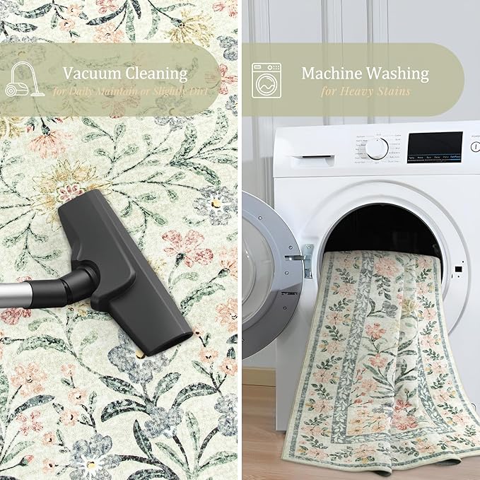 Morebes Floral Machine Washable Area Rugs 5x7, Vintage Boho Nursery Rug Girl Non-Slip, Flower Indoor Floor Throw Carpet for Living Room Bedroom Kitchen Playroom Home, White/Multi