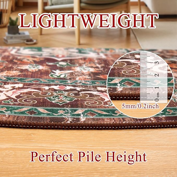 U'Artlines Boho Vintage Round Area Rug 6ft Machine Washable Low Pile Soft Floor Carpet Non Slip Non Shedding Accent Rug for Living Room Bedroom Entryway Dining Room Office Rust＆Teal
