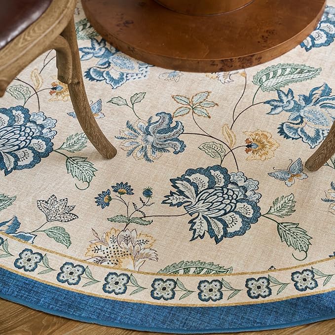 jinchan Elora 5ft Floral Round Rug for Entryway Washable Kitchen Rug Vintage Romance Design Non Slip Indoor Doormat Lightweight Low-Profile Throw Carpet for Living Room Dining Room Bedroom, Blue/Beige