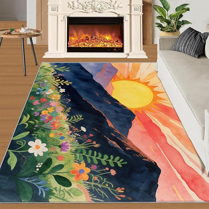 Boho Sun Area Rugs 8x10ft, Minimalist Line Area Rug for Living Room, Geometric Solar Modern Rug with Double Sided Carpet Tape for Bedroom Men Room Decor