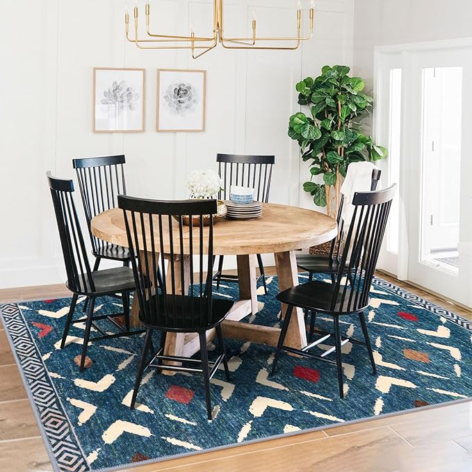 KILOCOCO Living Room Rug 5x7 Area Rug Printed Boho Washable Bedroom Rugs Non Slip Soft Large Moroccan Rubber Backed Indoor Rugs for Dining Room Office Farmhouse Geometric Carpet, Teal/Blue