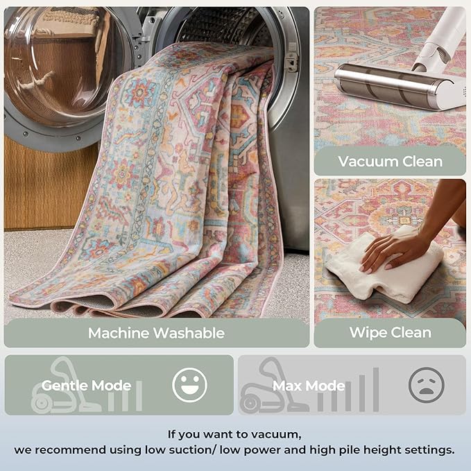 Kokia 9x12 Washable Area Rugs Blossom Pink with Vintage Orient Design, Soft Rug for Living Room or Bedroom, Non-Slip Low Pile Stain Resistance Features, Distressed Medallion Pattern