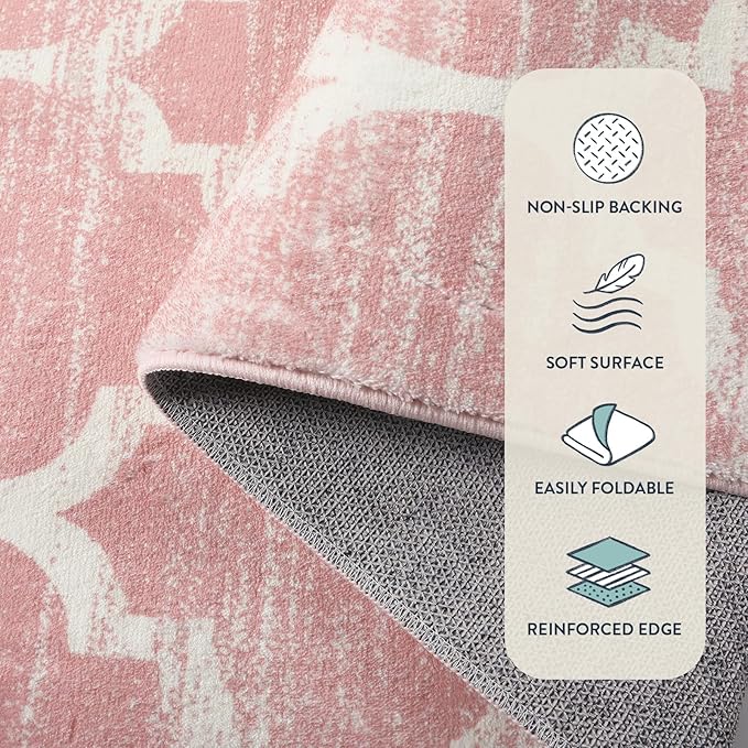 Lahome Moroccan Washable 2x3 Rugs Pink Bathroom Rugs Non-Slip Bathroom Mats,Kitchen Rugs Throw Kids Nursery Rug, Small Soft Girls Dorm Bedside Rug Modern Trellis Carpet for Bedroom Laundry Living Room