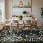 Wonnitar Washable 6x9 Area Rugs, Floral Print Large Living Room Rug, Non-Slip Soft Black Rugs for Bedroom, Ultra-Thin Vintage Botanical Rugs Carpet for Dining Room Guest Room (Black,6'x9')