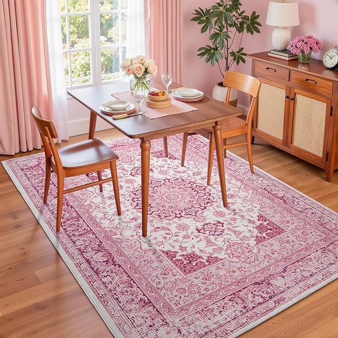 5x7 Bright Pink Area Rug for Living Room, Machine Washable Rugs with Non-Slip Backing for Girls Bedroom, Cute Vintage Carpet for Kitchen Laundry Kids Room