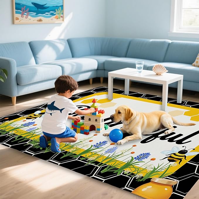 Bee Grateful Rug for Living Room 3x5, Low Pile Non-Slip Backing, Machine Washable Easy Fold Rug for Home, Office, Dorm Room