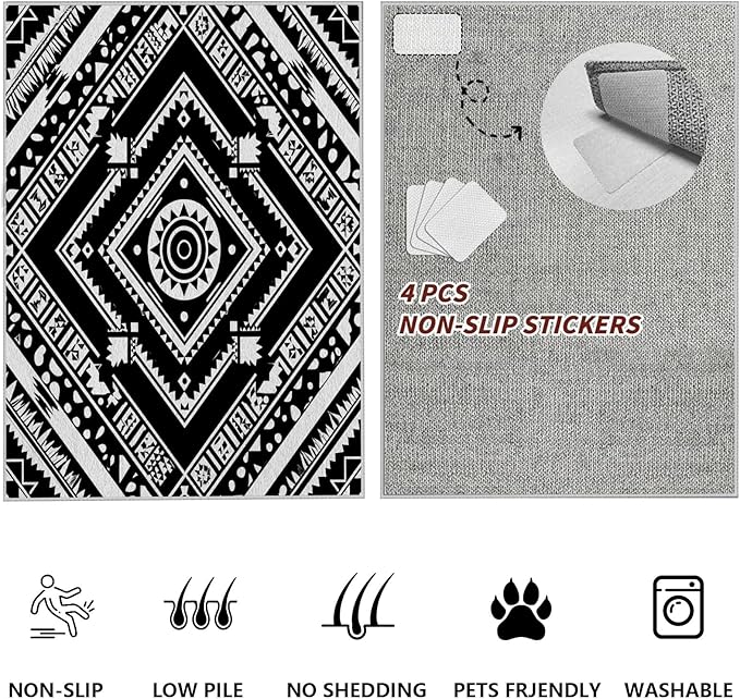 Area Rugs for Living Room 6x8, Moroccan Washable Low Pile Rug, Boho Neutral Farmhouse Ultra Soft Carpet for Bedroom Dining Room Home Decor, Geometric Print Tribal Carpets Black and White