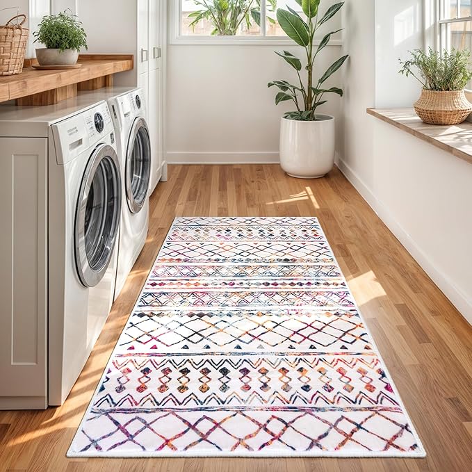 KUTA 3x5 Rugs for Entryway Boho Area Rug for Living Room, Moroccan Multi-Color Washable Rugs Non Slip, Ultra Soft Print Distressed Geometric Low-Pile Entry Throw Carpet for Bedroom Nursery Dorm Decor