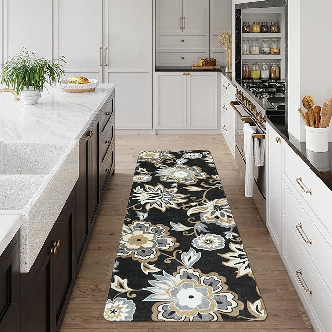 Lahome Floral 2x5 Washable Rug Runner - Black Entryway Kitchen Runner Rug Non-Slip Ultra-Thin Stain Resistant, Paisley Print Accent Carpet for Hallway Bedroom Laundry Living Room