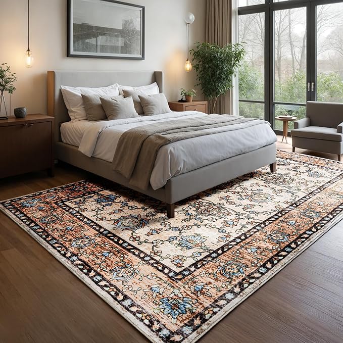 Area Rug for Living Room, 9x12 Machine Washable Non Slip Large Faux Wool Throw Rug, 0.3″ Low Pile & Non-Shedding Boho Large Carpet Rugs for for Dining Room, Bedroom, Office (Khaki)