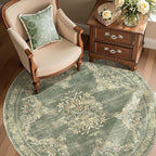jinchan Round Rug 5ft Area Rugs Vintage Floral Distressed Design,Machine Washable Soft Non-Slip Low-Pile Ultra-Thin Circle Rug for Entryway Living Room Dining Room Bedroom (5' Round,Dark Green)