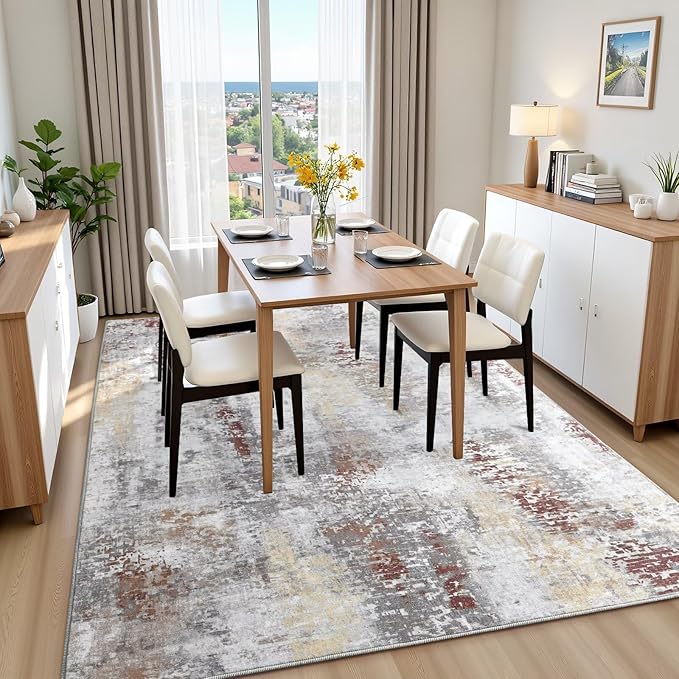 Washable Abstract Rug, 4x6 Modern Area Rugs with Non-Slip Rubber Backed for Living Room, Thin but Soft Contemporary Carpet Kitchen Bedroom Decor, Rusty Brown
