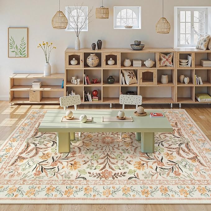 Lahome Fall Floral Washable Area Rugs 8x10, Boho Living Room Large Rugs Non-Slip for Bedroom, Soft Rubber Backed Burnt Orange Carpet for Dining Playroom Decor, Ochre Fall