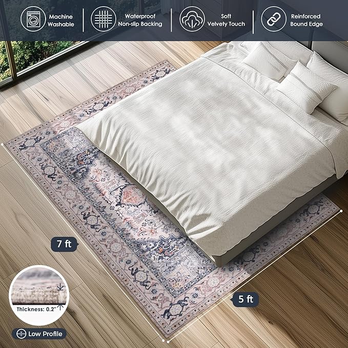 PURRUGS Vintage Farmhouse Boho Area Rug 5x7 ft, Non-Slip Machine Washable Rug, Accent Oriental Rug for Living Room, Dining Room, Bedroom, Entryway and Kitchen, Coral Red/Marine Blue