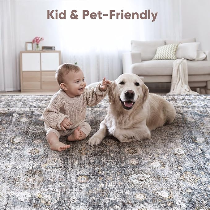 Rugcomf Area Rug 4x6 Rug Washable Boho Rugs Non Slip Low Pile Soft Floral Small Carpet for Bedroom, Bedside, Kids Room, Office, Dining Room(Grey)
