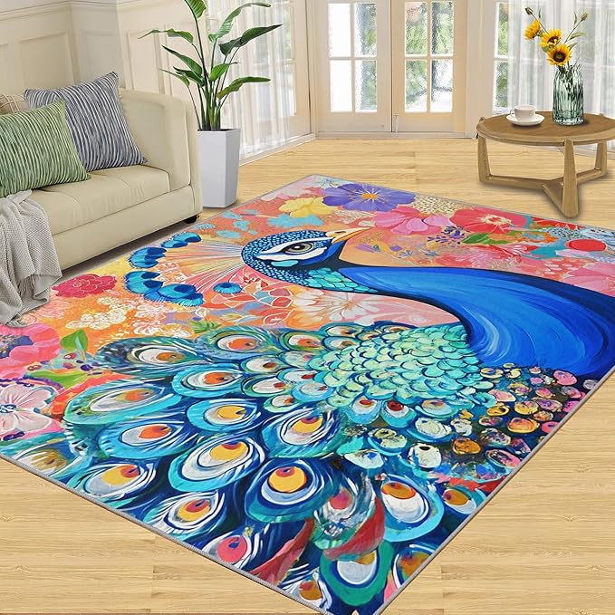 Peacock Area Rug 4x6-4x6 Rug, Boho Floral Rugs for Living Room, Colorful Carpet, Oil Painting Art Washable Area Rugs for Bedroom, Aesthetics Carpet - Peafowl Home Decor & Gifts