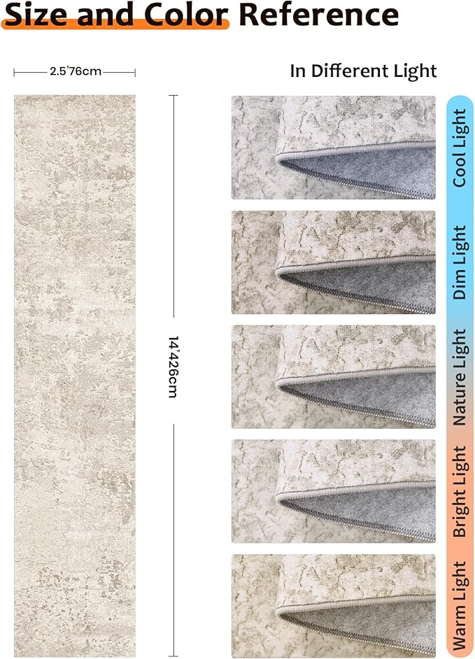 Art&Tuft Non-Slip Runner Rug - 2.5x14 Runner Rug Washable Low-Pile Rugs Runners, Soft Distressed Carpet Runner for Bedroom Bathroom Kitchen Laundry Living Room, Beige
