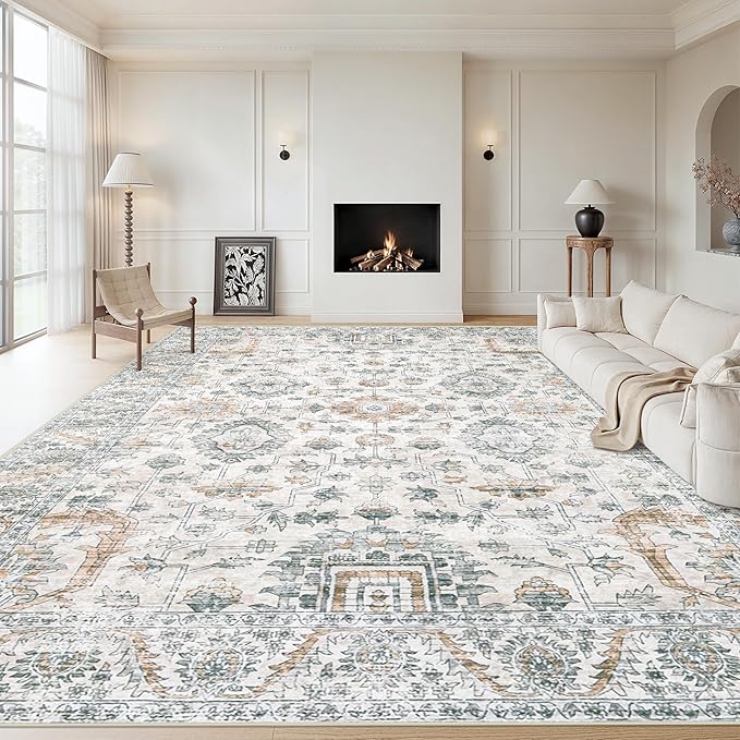 Area Rug 9x12 Living Room Rug, Machine Washable Vintage Distressed Boho Area Rug Non-Slip Soft Low Pile Large Indoor Rugs for Bedroom Kitchen Dining Room Office(Brown Green,9'x12')