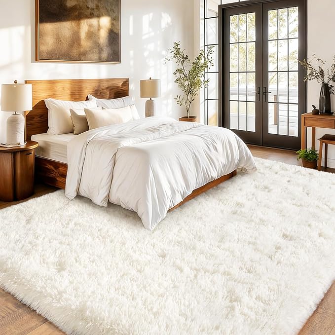 Cream White Plush Rug for Living Room Fuzzy Carpet for Bedroom Dorm, Non-Slip High Pile Rug, Shag Rug for Playroom Nursery Home Office Decor 9X12 Ft