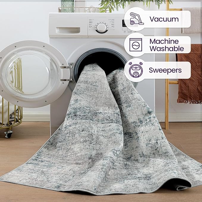 DEXI 10x14 Area Rug for Living Room, Modern Abstract Thin Washable Rug Indoor Floor, Non Slip Stain Resistant Low Pile Carpet for Dining Room Bedroom Office, Blue