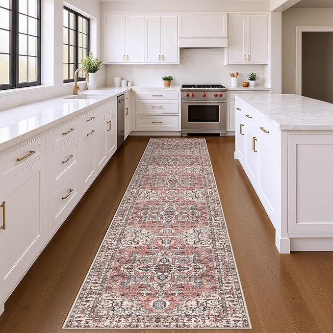 KOZYFLY Runners for Hallways 3x14 Ft Extra Long Washable Faux Wool Stair Thin Runner Rug Printed Hallway Carpet for Entryway Bedroom Stairs Kitchen Floor Accent, Terracotta/Beige