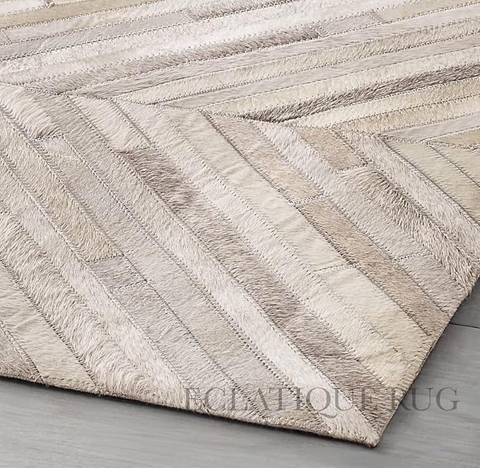 Elegant Rectangular Rug Cowhide Leather Luxury Non Slip Chevron Patchwork Area Rug for Bedroom and Home Décor Floor Carpet (Beige-9 x 12 ft)