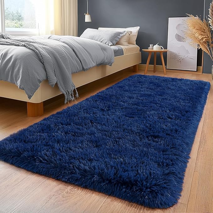 Shag Area Rugs for Living Room, Soft Fuzzy Plush Rugs, Upgrade Anti-Skid Modern Furry Rugs Fluffy Carpets for Kids Room Nursery Home Decor Dark Blue, 2x6Feet