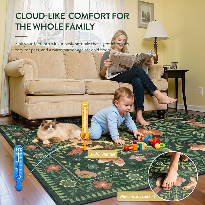 Moynesa Green Washable 8x10 Area Rugs for Living Room Bedroom Dining Room, Modern Cottage Farmhouse Aesthetic Floral Bird Medallion Carpet, Vintage Home Decor Open Floor Areas Protection Non-Slip