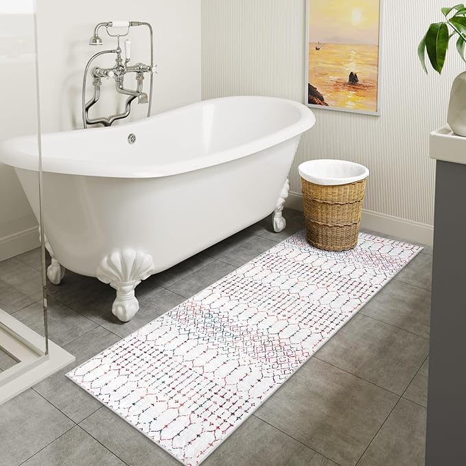 Lahome Moroccan Washable Runner Rug 2x6 Non-Slip Anti-Fatigue Kitchen Rugs and Runners Throw Soft Long Bathroom Runner, Geometric Print Distressed Floor Runners for Entryway Laundry Room Foyer