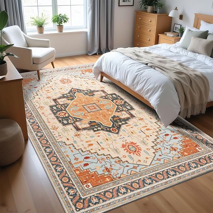 3x5 Orange Beige Area Rug for Living Room, Machine Washable Rugs with Non-Slip Backing for Bedroom, Vintage Medallion Carpet Kitchen Laundry Kids Room Decor